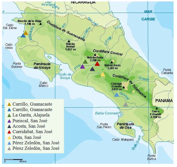 Situación actual de la viticultura en Costa Rica y las estrategias de manejo del mildiú velloso (<em>Plasmopara viticola</em>). Figura 1 - Ubicación de las principales plantaciones de vid en Costa Rica